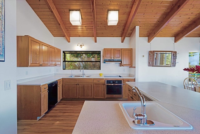 kitchen featuring oven, black dishwasher, wood ceiling, and sink