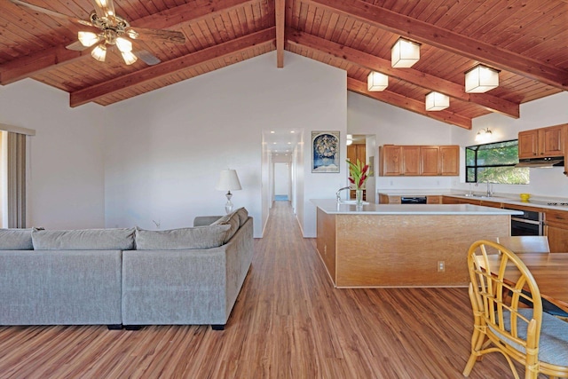 kitchen with wooden ceiling, high vaulted ceiling, light hardwood / wood-style floors, wall oven, and a kitchen island