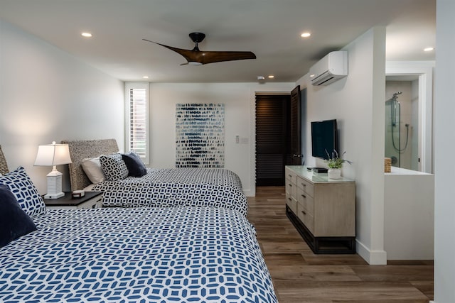 bedroom featuring ceiling fan, dark hardwood / wood-style flooring, and a wall mounted AC