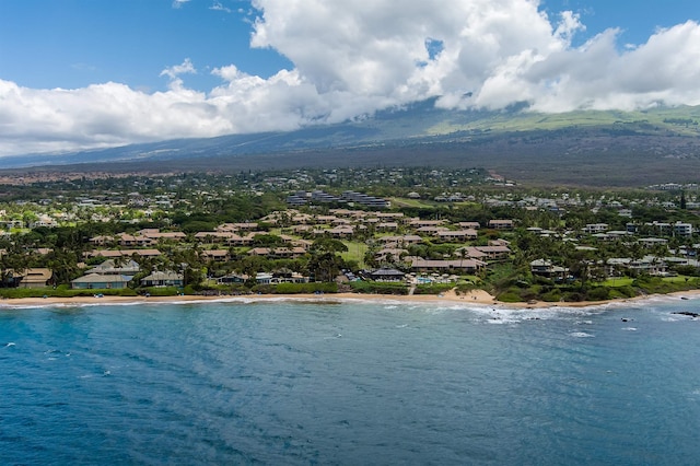 bird's eye view with a water and mountain view and a beach view