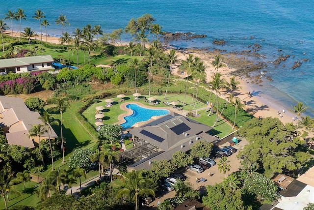 aerial view featuring a view of the beach and a water view