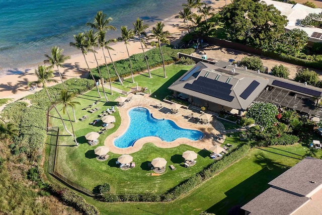 drone / aerial view with a water view