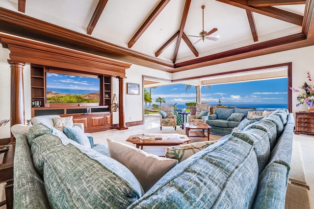 living room featuring beam ceiling, decorative columns, high vaulted ceiling, and ceiling fan