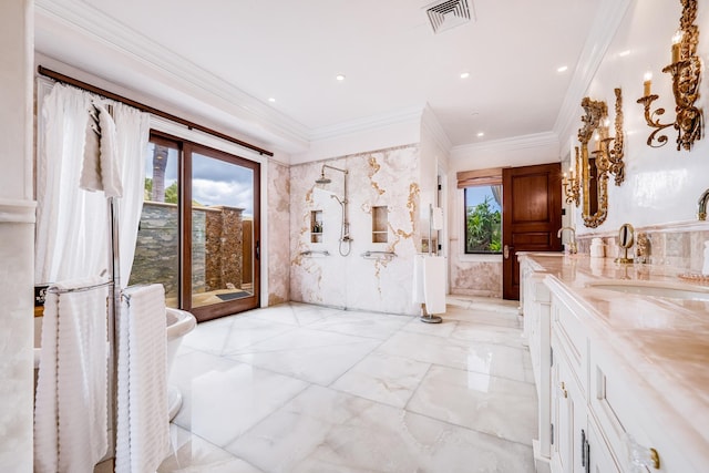 bathroom featuring vanity, ornamental molding, and independent shower and bath