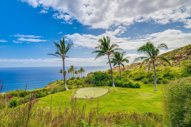 view of property's community with a water view and a lawn