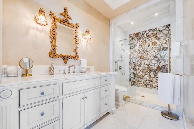 bathroom featuring tiled shower, vanity, toilet, and crown molding