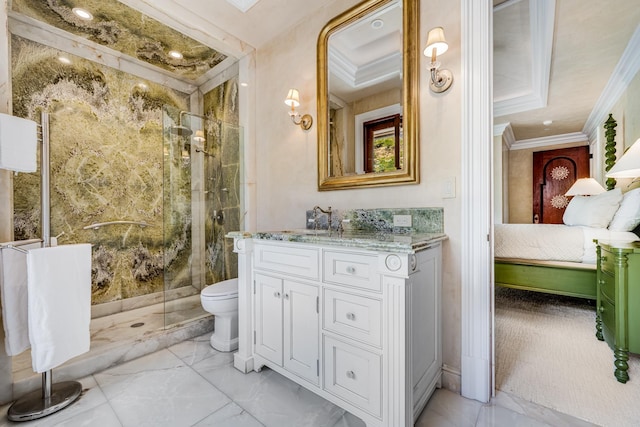 bathroom featuring vanity, toilet, crown molding, and walk in shower