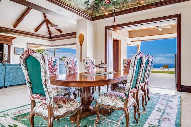 dining space featuring vaulted ceiling with beams, ceiling fan, and crown molding