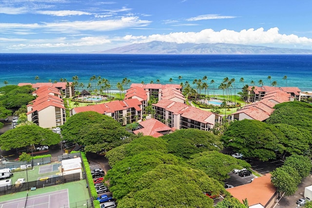 birds eye view of property featuring a water and mountain view