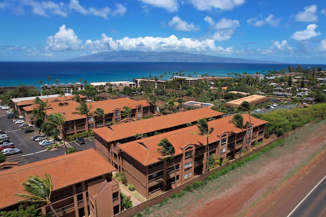 drone / aerial view featuring a water and mountain view