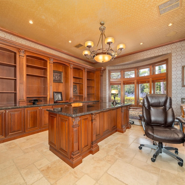 office area featuring crown molding, a chandelier, and a textured ceiling