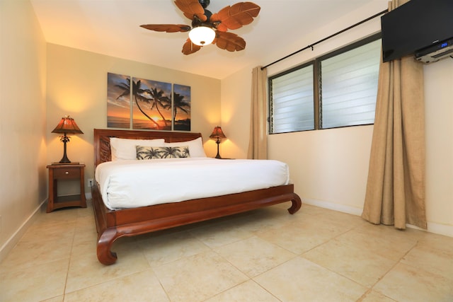 tiled bedroom featuring ceiling fan