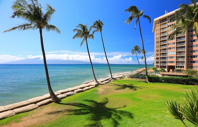 exterior space featuring a water view and a yard