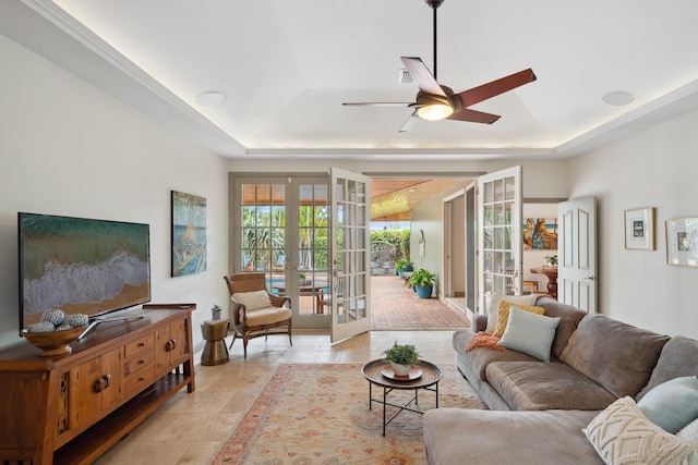 70 Pukolu Way, Kihei, HI 96753 - living room with a tray ceiling, french doors, a ceiling fan, and light tile patterned floors