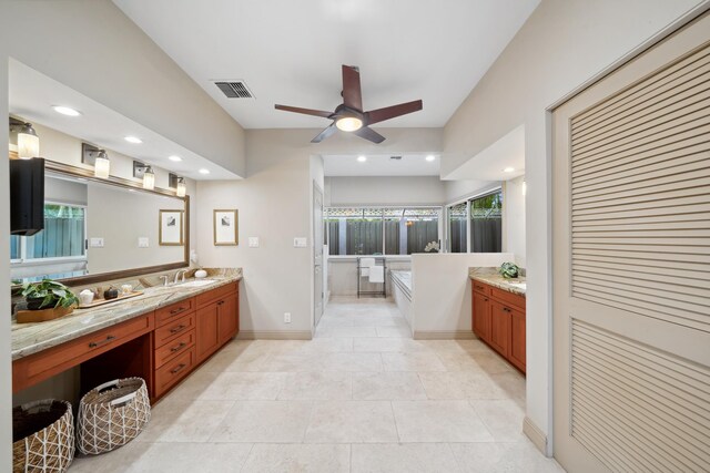 70 Pukolu Way, Kihei, HI 96753 - bathroom featuring a ceiling fan, a garden tub, vanity, recessed lighting, and tile patterned floors