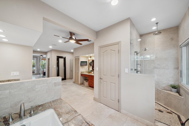 70 Pukolu Way, Kihei, HI 96753 - full bath featuring a walk in shower, ceiling fan, vanity, recessed lighting, and a tub to relax in
