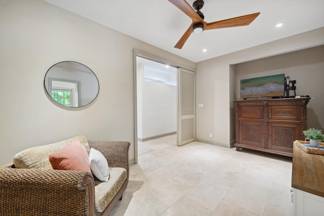 70 Pukolu Way, Kihei, HI 96753 - living area featuring a ceiling fan, recessed lighting, light tile patterned floors, and baseboards