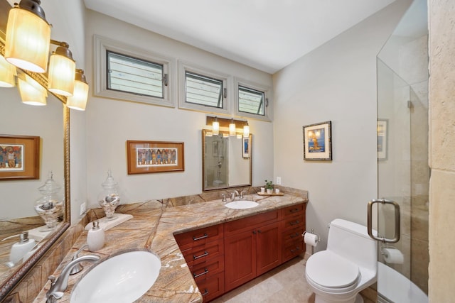 70 Pukolu Way, Kihei, HI 96753 - bathroom featuring a stall shower, toilet, double vanity, and tile patterned floors