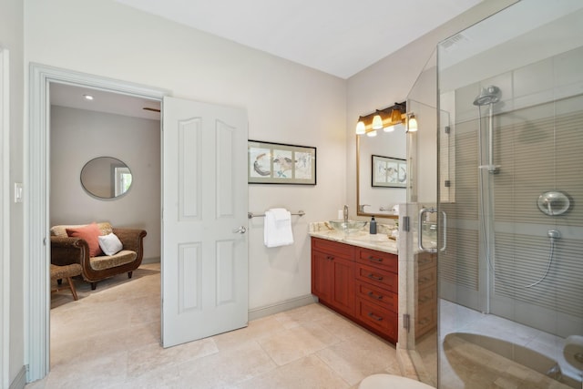 70 Pukolu Way, Kihei, HI 96753 - bathroom with a shower stall, vanity, and tile patterned flooring