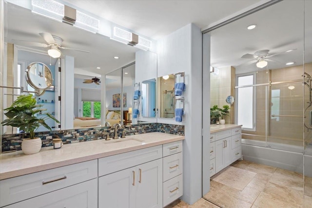 3150 Wailea Alanui Dr Unit 3007, Kihei, HI 96753 - bathroom featuring a ceiling fan, vanity, enclosed tub / shower combo, tasteful backsplash, and recessed lighting
