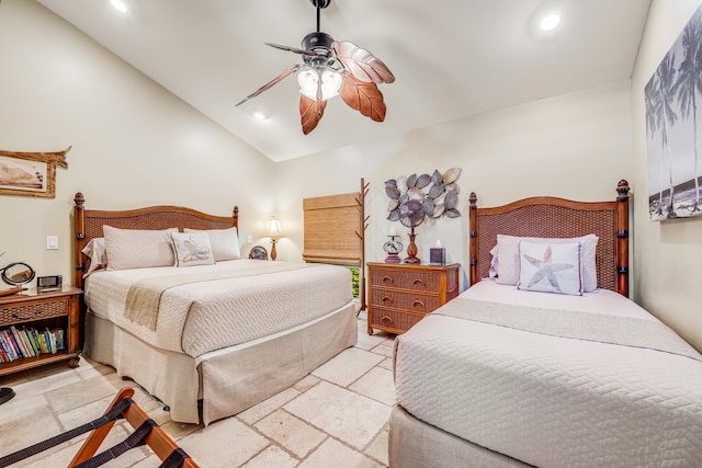 bedroom featuring vaulted ceiling, ceiling fan, and light tile floors