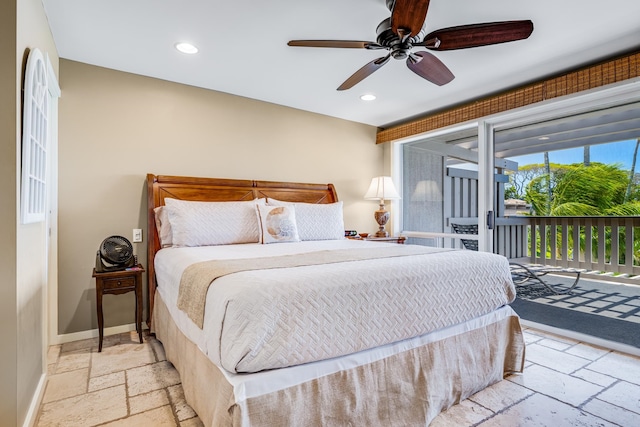 bedroom featuring ceiling fan, access to exterior, and light tile floors