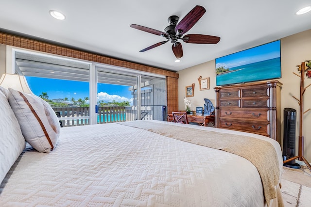 bedroom with ceiling fan and access to exterior