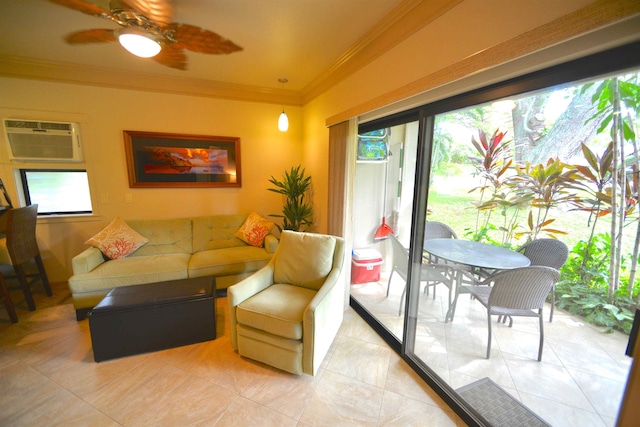 living room featuring crown molding, a ceiling fan, light tile patterned floors, and a wall mounted AC