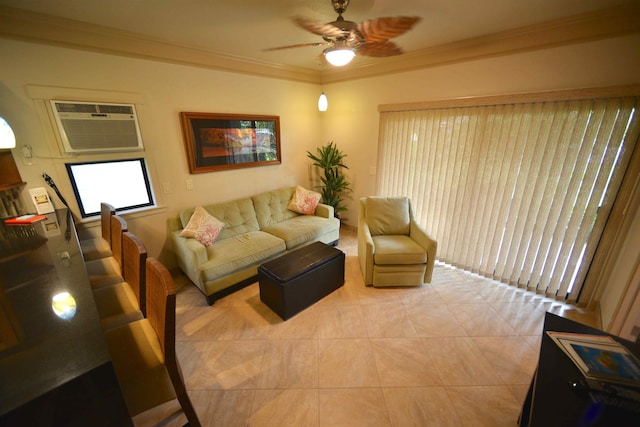 living room featuring crown molding, a ceiling fan, a wall mounted AC, and light tile patterned flooring