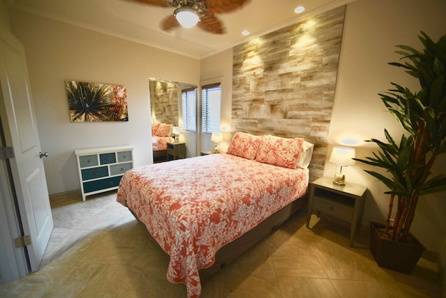 bedroom featuring crown molding, a ceiling fan, and tile patterned floors