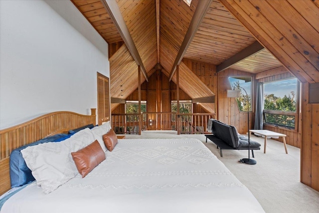 bedroom featuring wood ceiling, wooden walls, lofted ceiling with beams, and carpet