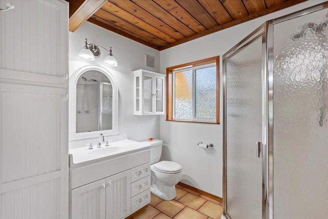 bathroom featuring vanity, tile patterned floors, wood ceiling, and walk in shower