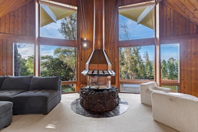 living room featuring a healthy amount of sunlight, carpet floors, and wood walls