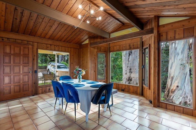 dining space featuring light tile patterned floors, vaulted ceiling with beams, wooden walls, a notable chandelier, and wooden ceiling