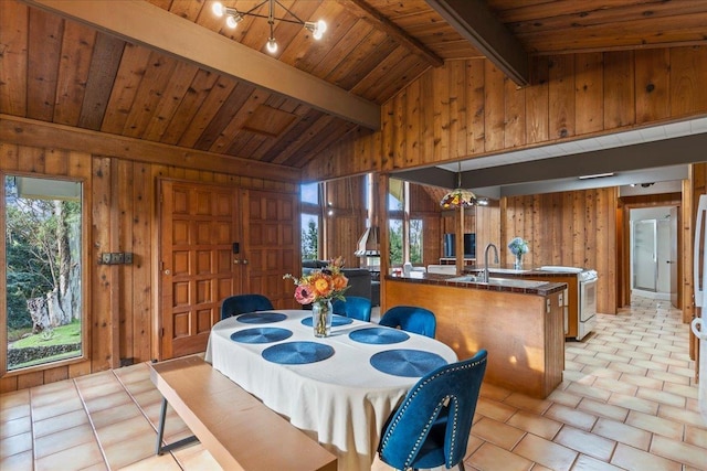 dining room featuring sink, wooden walls, lofted ceiling with beams, and wooden ceiling