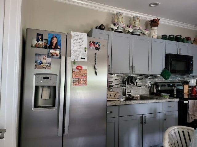 2170 Kahookele St, Wailuku, HI 96793 - kitchen featuring a sink, gray cabinetry, stainless steel appliances, decorative backsplash, and ornamental molding
