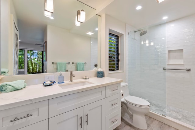 bathroom with hardwood / wood-style flooring, vanity, toilet, and an enclosed shower