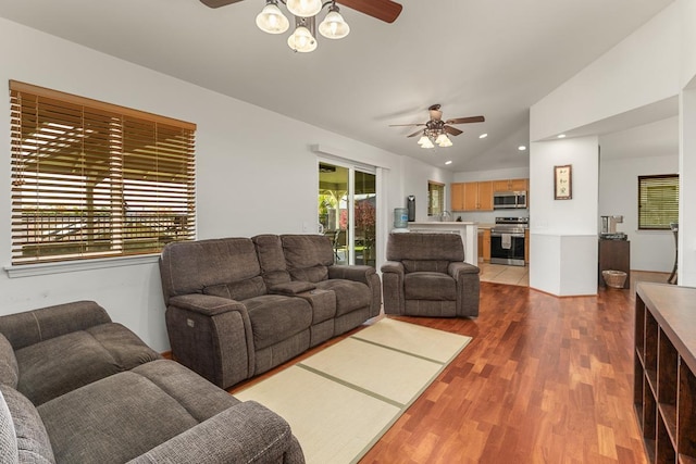 35 Emoloa Pl, Wailuku, HI 96793 - living room with a ceiling fan, wood finished floors, recessed lighting, and vaulted ceiling