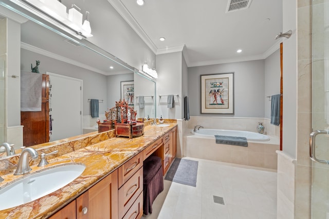 bathroom featuring tile patterned flooring, shower with separate bathtub, vanity, and crown molding