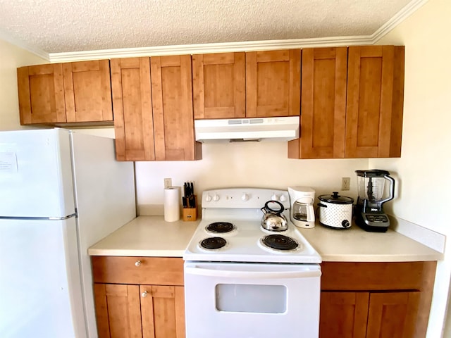 50 Kepuhi Pl Unit 117, Maunaloa, HI 96770 - kitchen with a textured ceiling, light countertops, under cabinet range hood, white appliances, and brown cabinetry