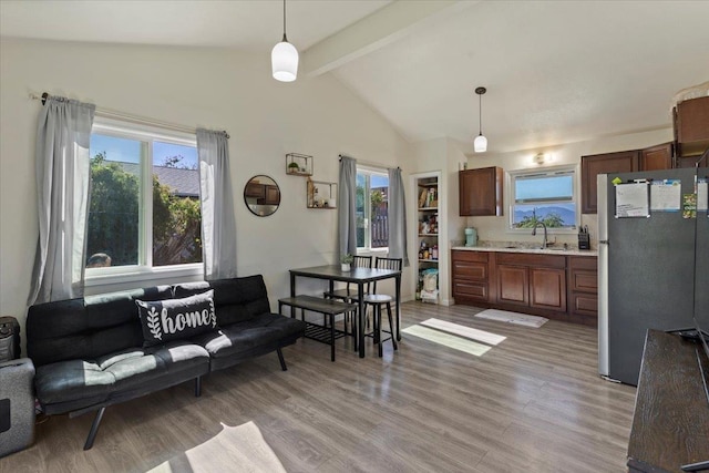 living room featuring beam ceiling, sink, a wealth of natural light, and light hardwood / wood-style floors