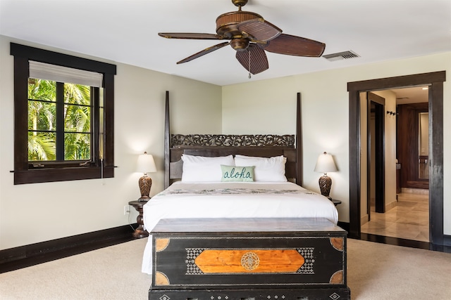 bedroom with ceiling fan and carpet flooring