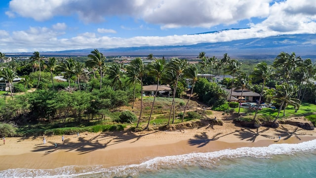 aerial view featuring a water view and a view of the beach