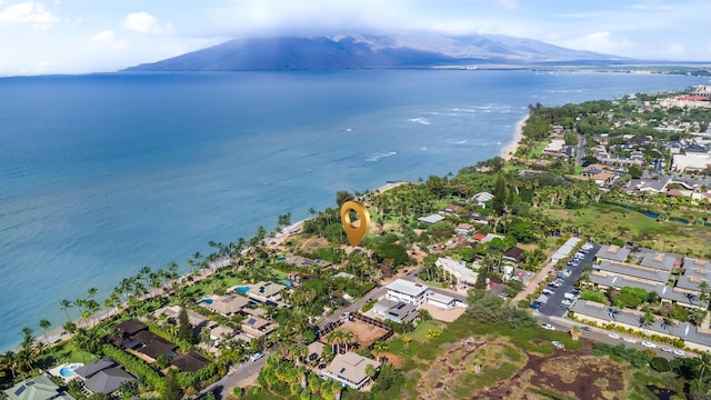 bird's eye view featuring a water and mountain view