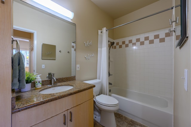 full bathroom with vanity, toilet, shower / tub combo, and tile patterned flooring