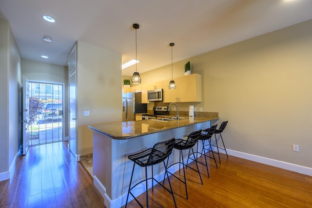 kitchen with decorative light fixtures, wood-type flooring, stainless steel appliances, and kitchen peninsula