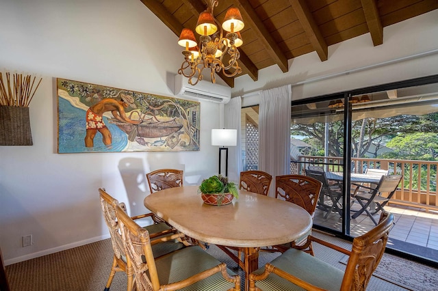 dining space with wooden ceiling, a chandelier, an AC wall unit, carpet floors, and vaulted ceiling with beams