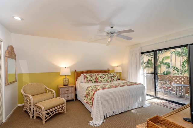 bedroom featuring ceiling fan, access to outside, and carpet floors