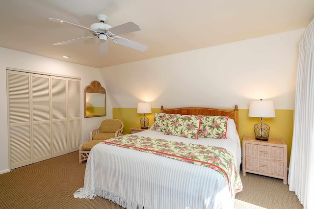 bedroom featuring carpet flooring, a closet, and ceiling fan