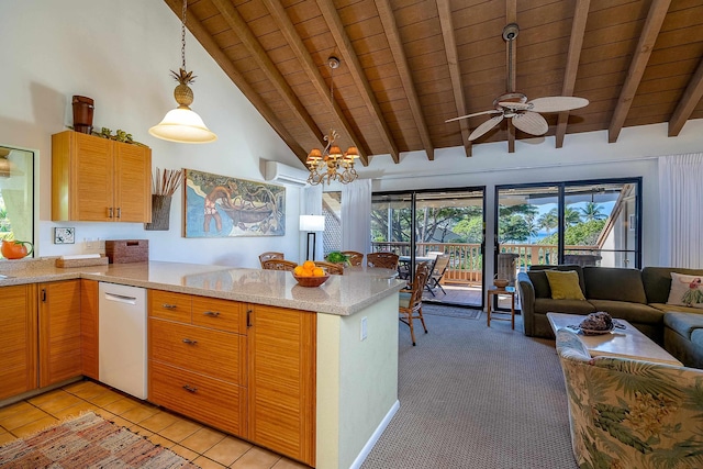 kitchen featuring wooden ceiling, dishwashing machine, and kitchen peninsula